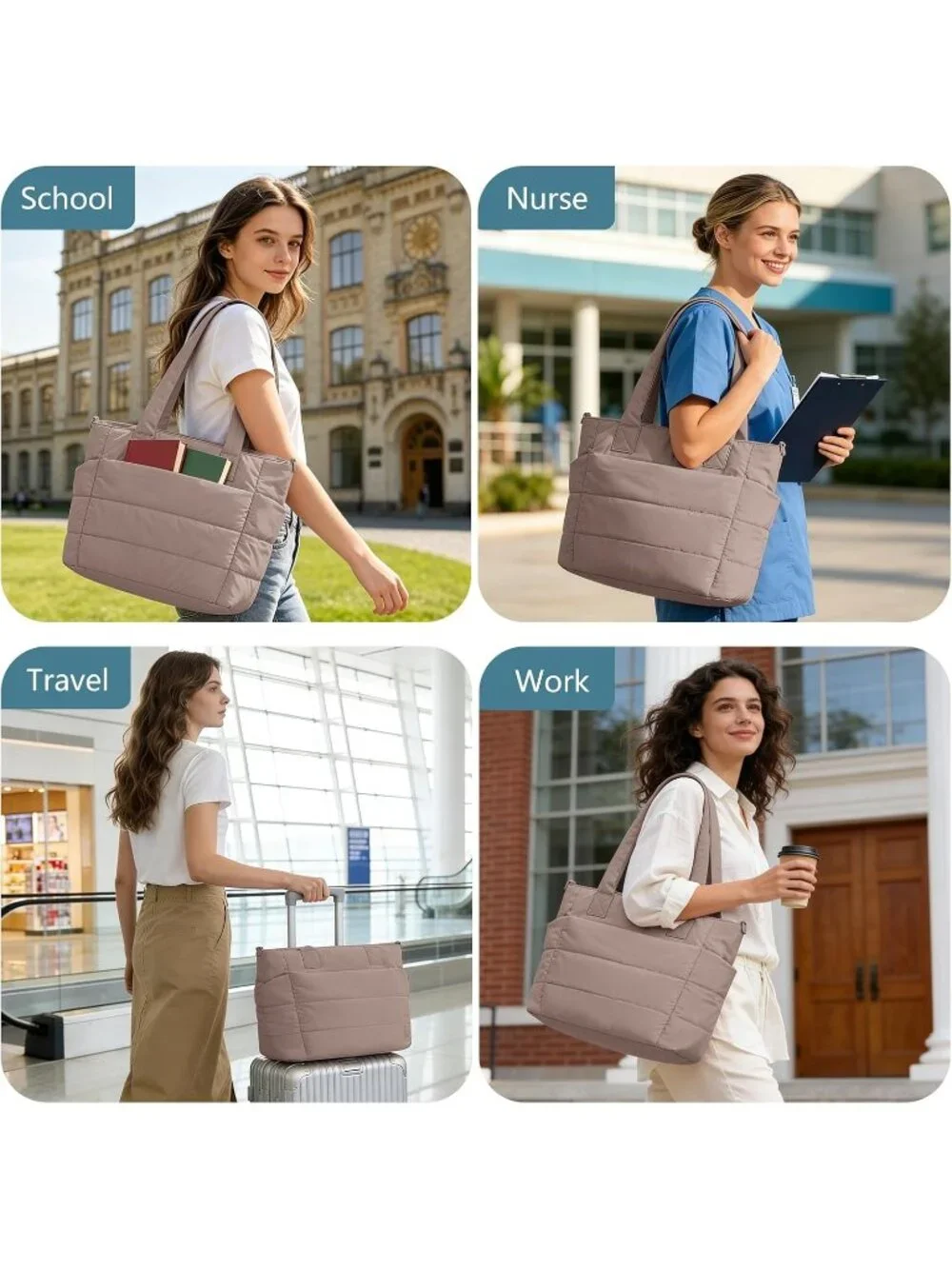👜Women's Deep Khaki Quilted Puffer Tote Bag Lightweight Work For Travel Handbag